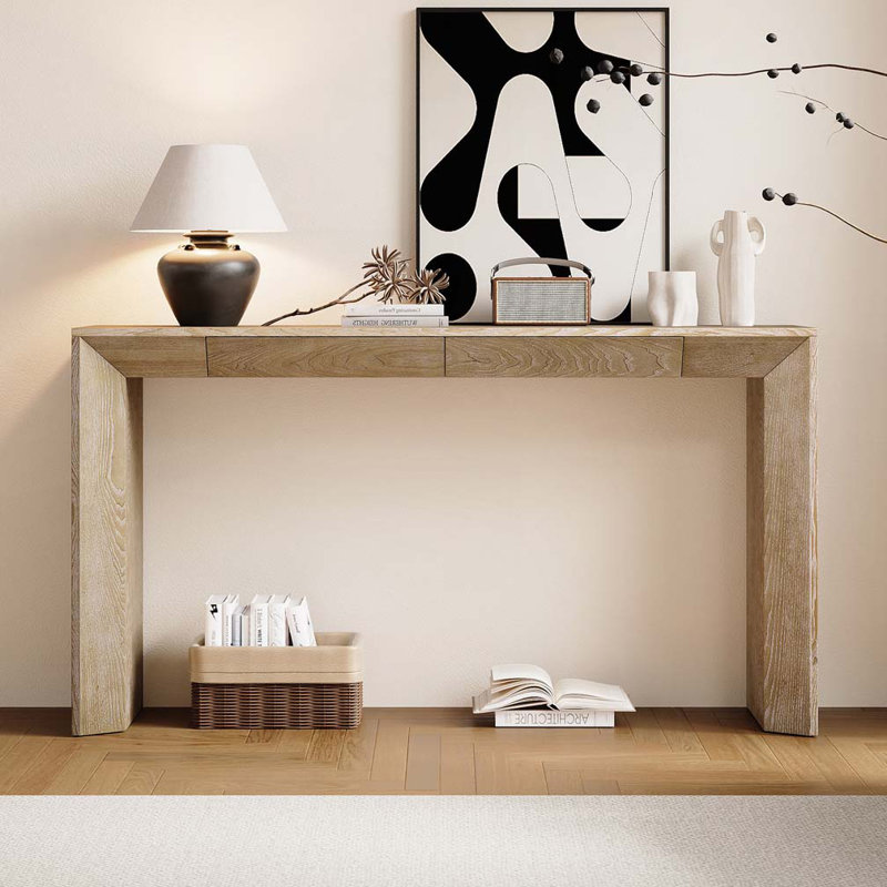 Rectangular Top Console Table with 2 Concealed Drawers, Thickened Legs, Natural