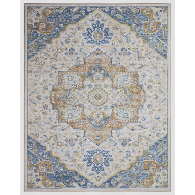 Lyanne Washable Non-Slip Medallion Blue Area Rug