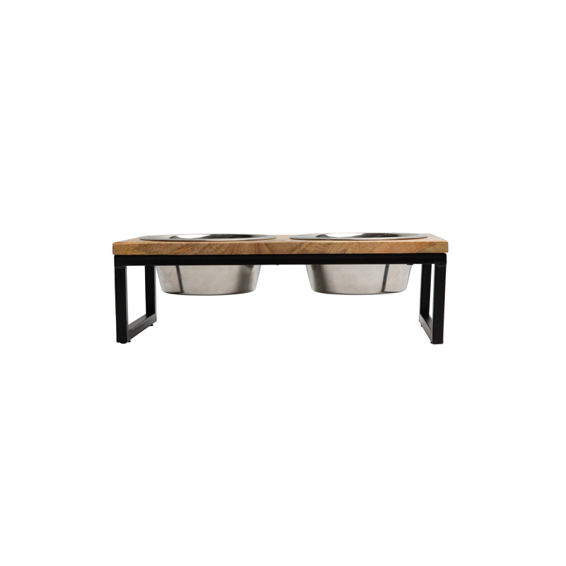 Large Mango Wood and Stainless Steel Elevated Pet Feeder