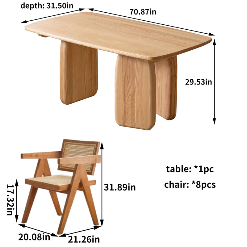 Grande table de salle à manger en bois de frêne massif, H 29,53 po x L 70,87 po x l 31,5 po