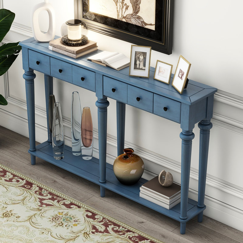 Console bleu marine avec 4 tiroirs et tablette ouverte By. Pin rétro de style rétro. Le plateau de table robuste peut supporter 220 lb, le tiroir 15 inférieur et 33 lb. Table fonctionnelle fonctionnelle. Instructions d'assemblage