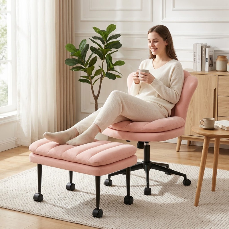 Chaise de bureau ergonomique à pieds croisés avec repose-pieds pivotant, fauteuil de coiffeuse en velours à dossier pétale pour bureau à domicile