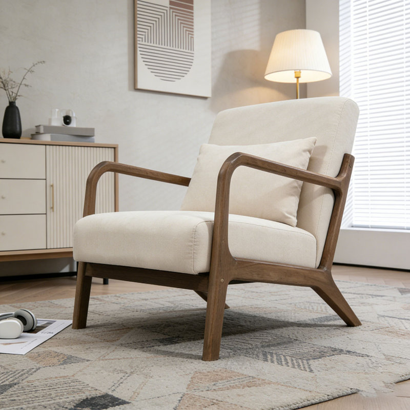 Chaise d'appoint moderne avec structure en bois, Lin de coton, Blanc antique