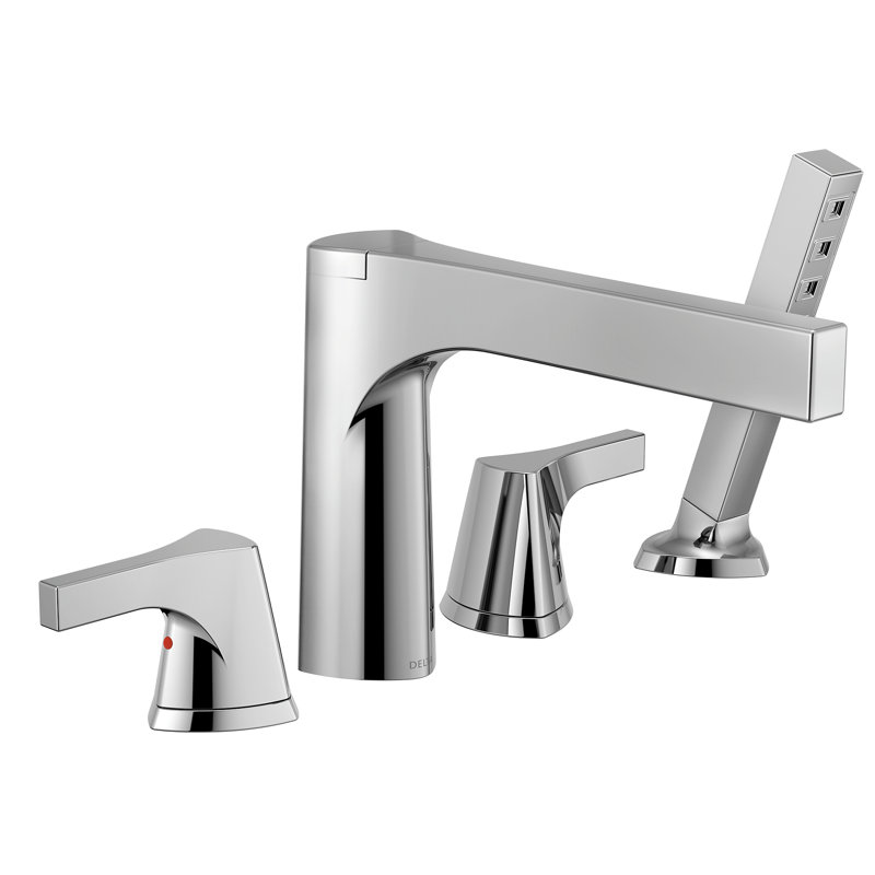 Zura Double Handle Deck Mounted Roman Tub Faucet Trim with Diverter and Handshower, Chrome
