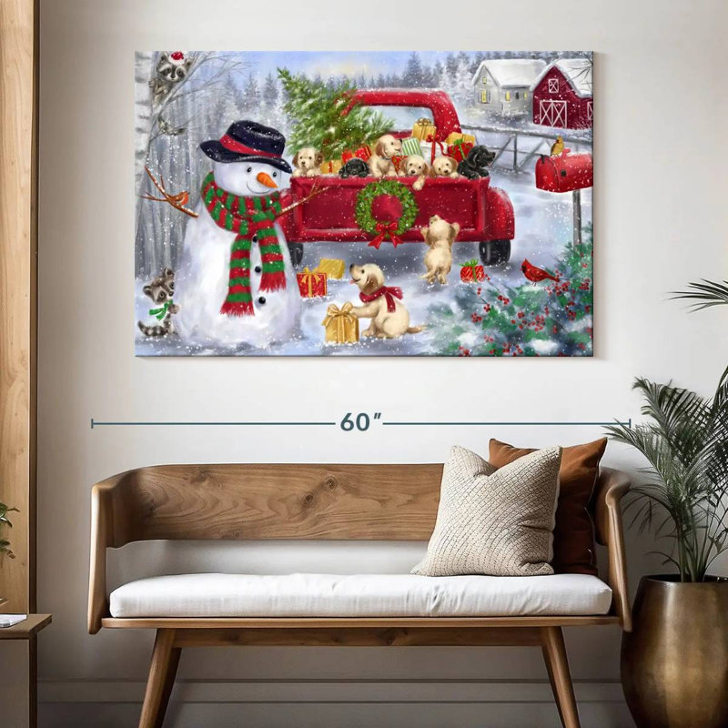 Camion rouge avec chiots, H 34 po x l 51 po