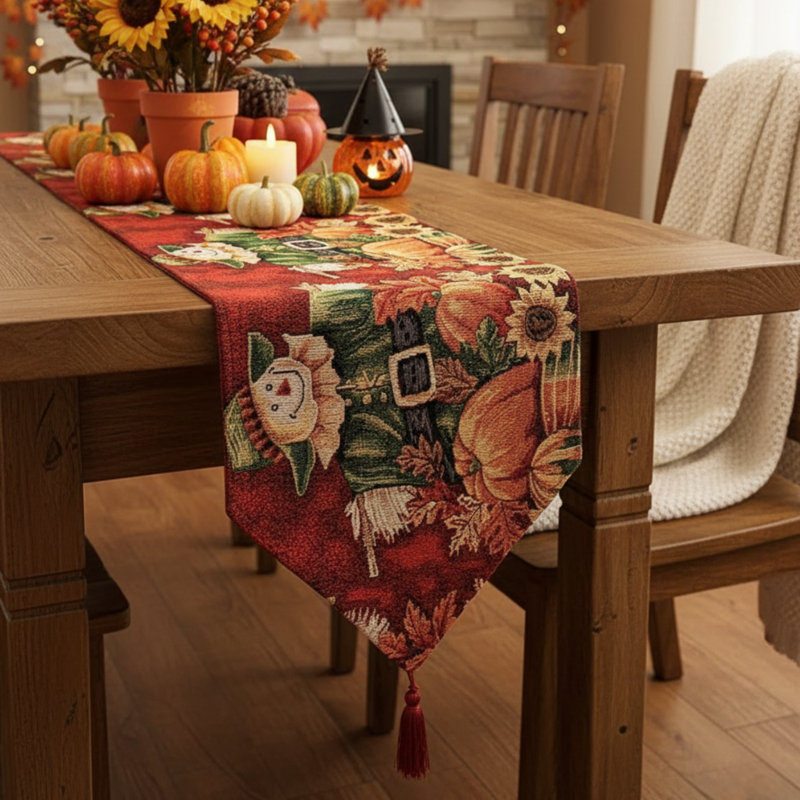 Ulises Pumpkin Patch Scarecrow Woven Tapestry Table Runner, 90" W x 13" L