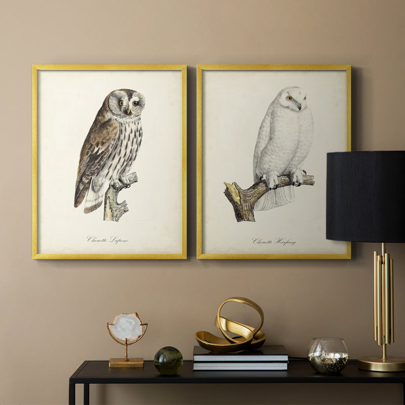 French Owls III - reproduction encadrée de qualité supérieure - prête à être accrochée - aucun clou requis - aucun clou requis