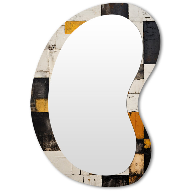 Frideres Cubist Retro Patchwork - Abstract Painting Asymmetrical Mirror, White Unique Shape Decorative Wall Mirror, Printed Metal Art