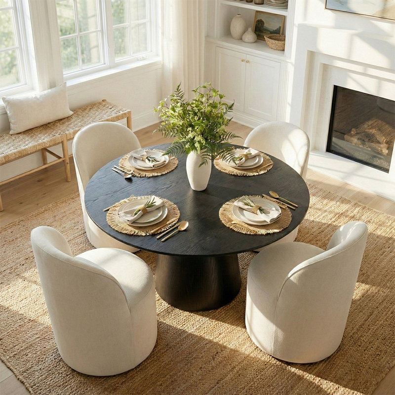 Ensemble de table de salle à manger pour 4 personnes avec table ronde de 52 po et 4 chaises roulantes revêtues de lin
