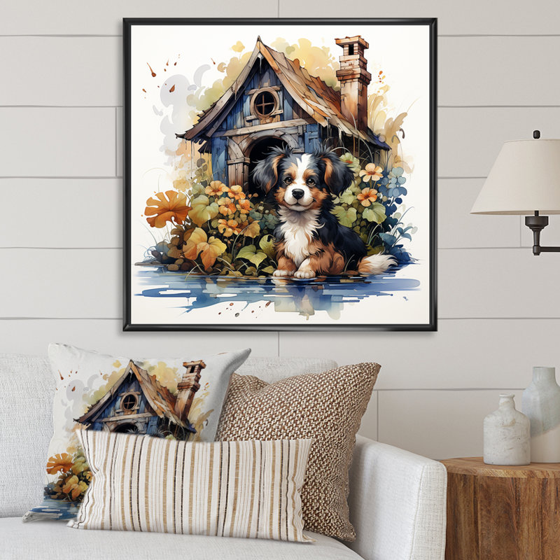 «Puppy Doghouse Blooms II», art mural chien, Cadre flottant noir, H 16 po x l 16 po x P 1 po