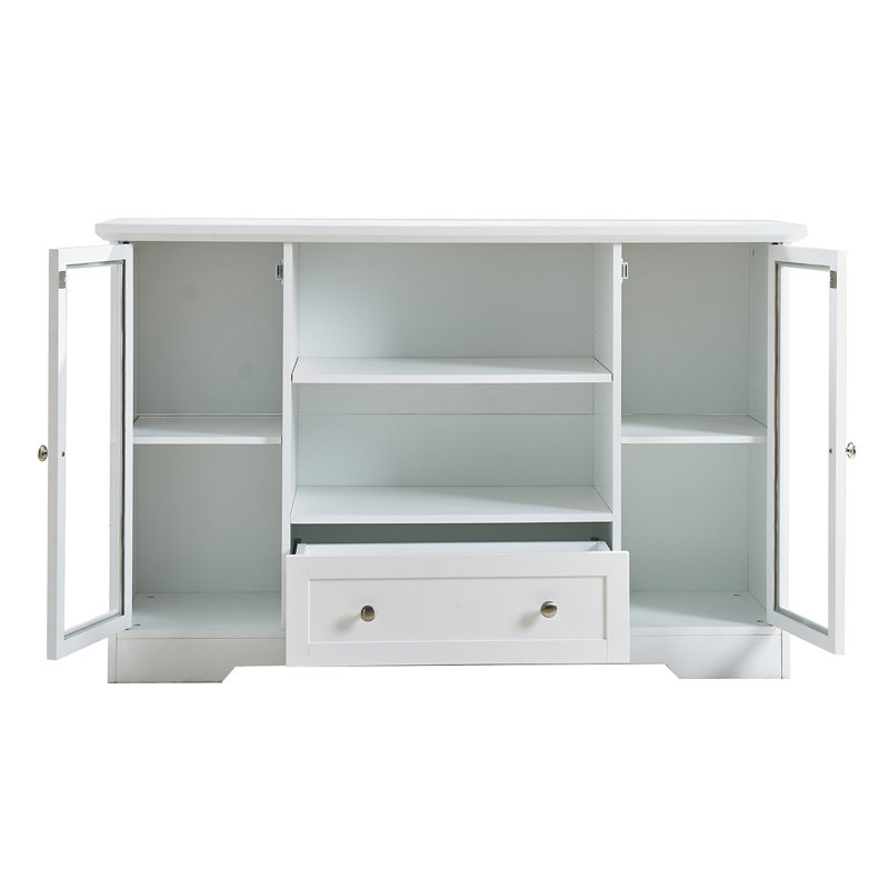 Buffet de cuisine moderne de style campagnard de 130 cm avec portes vitrées, tiroirs, étagères ouvertes et rangement ajustable