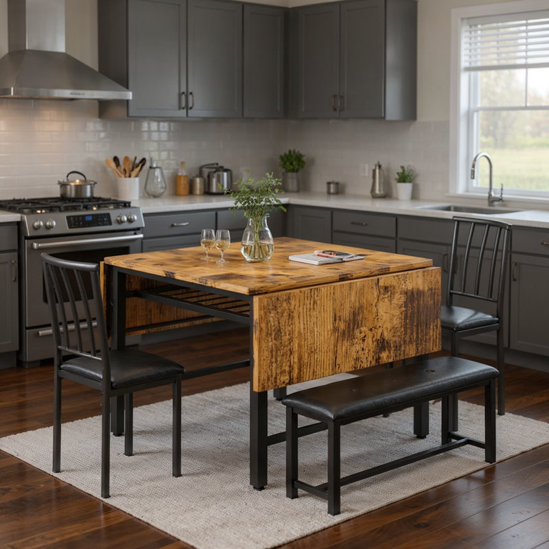 4-Piece Drop Leaf Dining Table Set For 3-6, 59" Extendable Kitchen Table Set With 1 Upholstered Bench & 2 Backrest Chairs, Modern Breakfast Dinette Table Set With Drop Leaf For Small Space