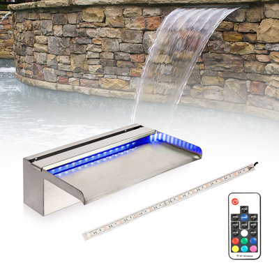 Pool Fountain, Stainless Steel Waterfall Spillway with Wider Water Flow Platform, Multi-Color LED Light & Spillway Cleaning Kit for Garden Outdoor Decoration 