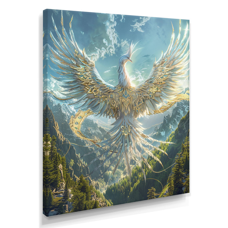 Glorious White Phoenix Rising In Magic Mountains - Phoenix, art mural, H 32 po x l 24 po x P 1 po, Toile tendue