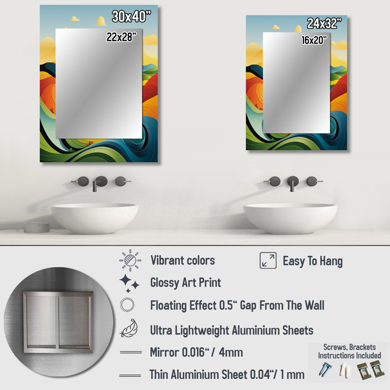 Minimalist multicolor line art landscape III - Meadow Decorative Wall Mirror, Traditional Large Mirror, Printed Metal Art