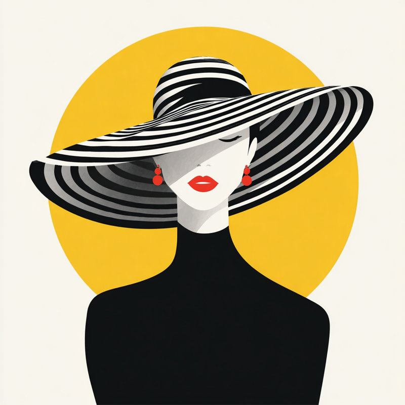 Art de la mode avec un chapeau large et une décoration jaune sur toile tendue