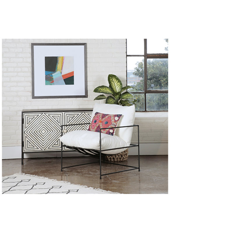  Black Iron Hammock Style Occasional Chair with Cushion, 33" H x 28" W x 30" D, White Natural