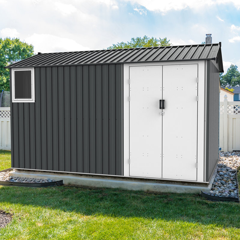 Remise de rangement extérieure en métal 8 x 12 pi avec fenêtre, base de plancher, bouches d'aération et porte à double charnière