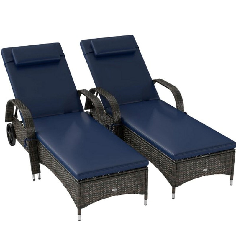 Rolling Outdoor Chairs,2 Reclining Chaise Lounge Chairs,With Cushion, Pillow, Headrest, Armrests, And Wheels, Dark Blue