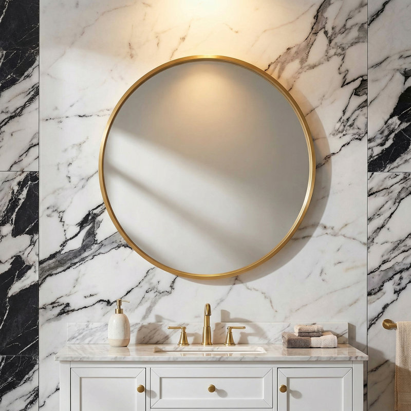 Opra Mirror, Round 24" with Brushed Gold Metal Frame, Gold