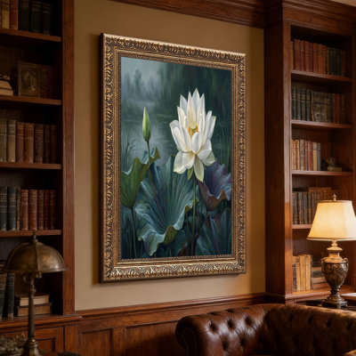 White Lotus Flower And Green Lilies In Misty Pond Canvas Wall Art