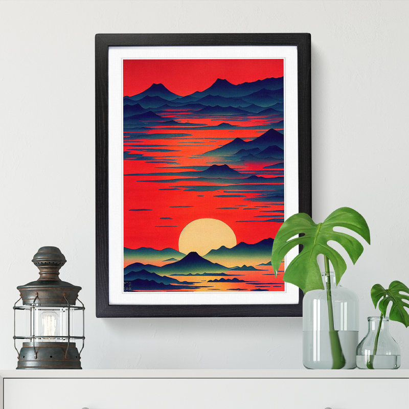 Watercolour Japanese Sunset Framed Print, 46cm H x 34cm W x 2cm D, Oak