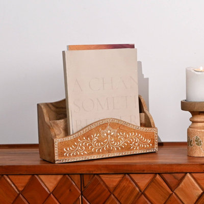 Hand Carved Wooden Desk Organizer | Mango Wood Office Desk Organizer with Compartments | 12.25x4.5x7.5"