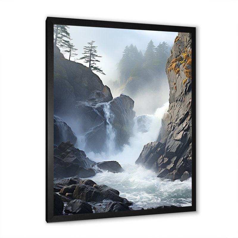 «Watefall Into Canadian Forest - Forest and River», art mural, Cadre simple noir, H 32 po x l 24 po x P 1 po