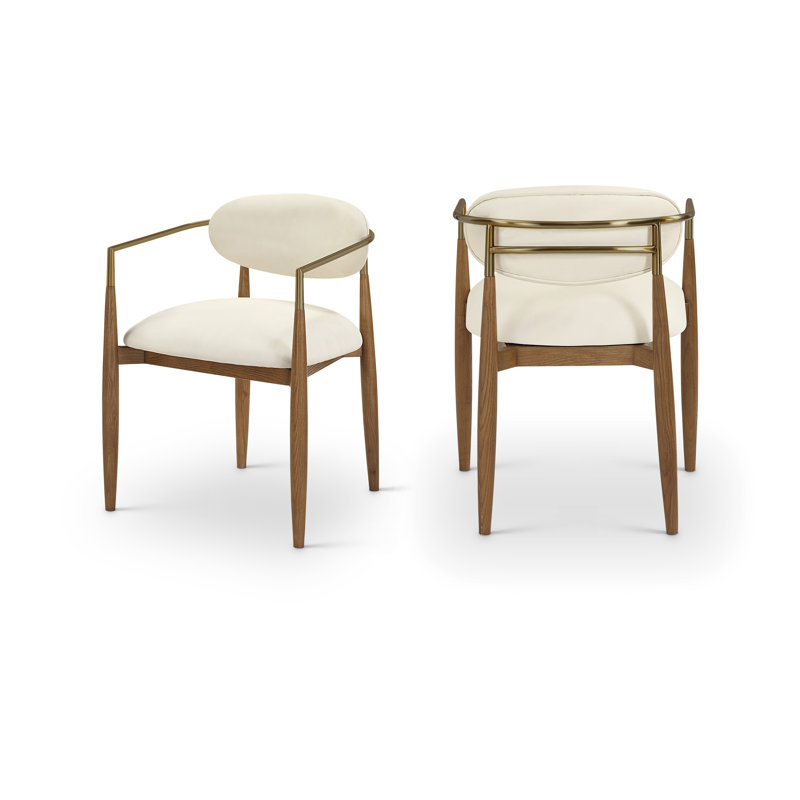 Eligah Vegan Leather Upholstered Dining Arm Chair, Cream Vegan Leather, Stained Black / Brushed Brass
