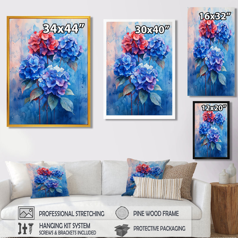 Hortensia bleu et rouge dans un style graffiti Hydrangea II - hydrangea, art mural encadré, H 32 po x l 24 po, Blanc