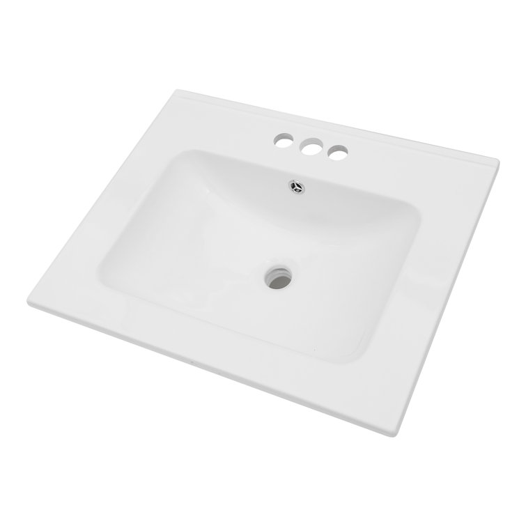 White Three Faucet Hole Drop In Bathroom Sink Ceramic Bathroom Vanity Basin With Overflow
