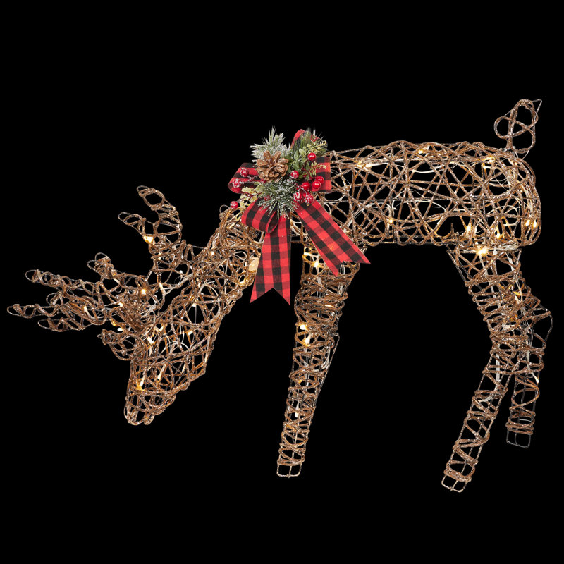 Rattan Grazing Reindeer with Bow and LED Lights Décor