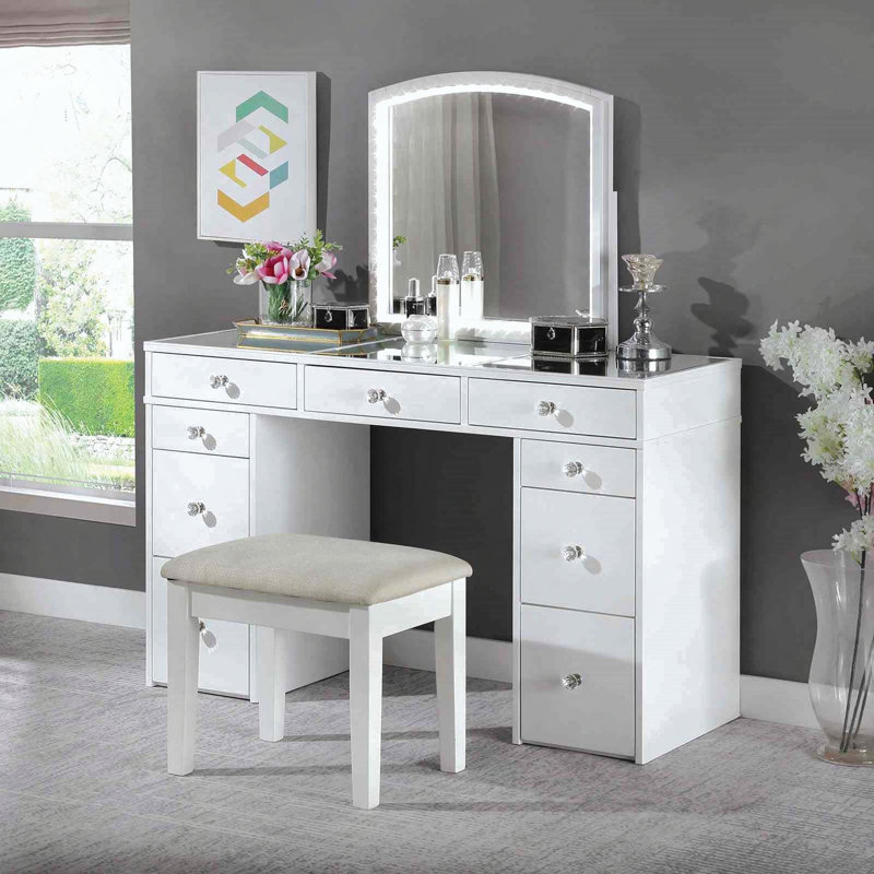 Contemporary Style Vanity Set with LED Mirror, Storage Drawers and Stool