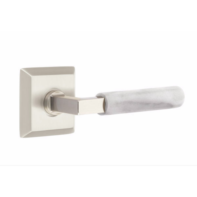 Ensemble de faux levier Emtek Select, rosette Quincy, tige carrée en L, poignée en marbre blanc, Nickel satiné / marbre blanc