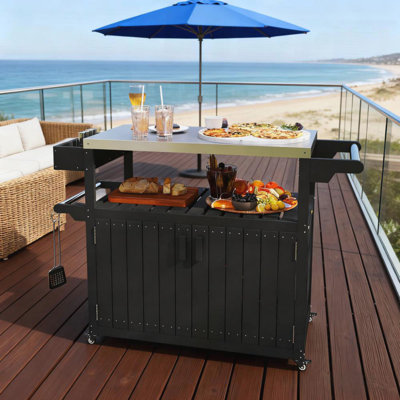 Chariot-bar d'extérieur avec rangement et îlot de cuisine à roulettes pour la préparation des aliments, conception robuste et résistante aux intempéries