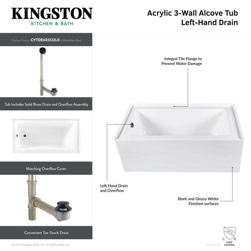 Kingston Brass Aqua Eden 60-Inch Acrylic Rectangular 3-Wall Alcove Tub, Hand Drain, Left, Polished Chrome