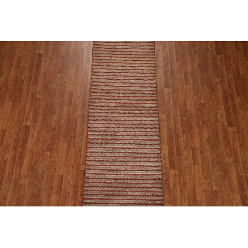 Tapis de couloir rayé rouge en laine noué à la main 2 pi 6 po x 10 pi 2 po