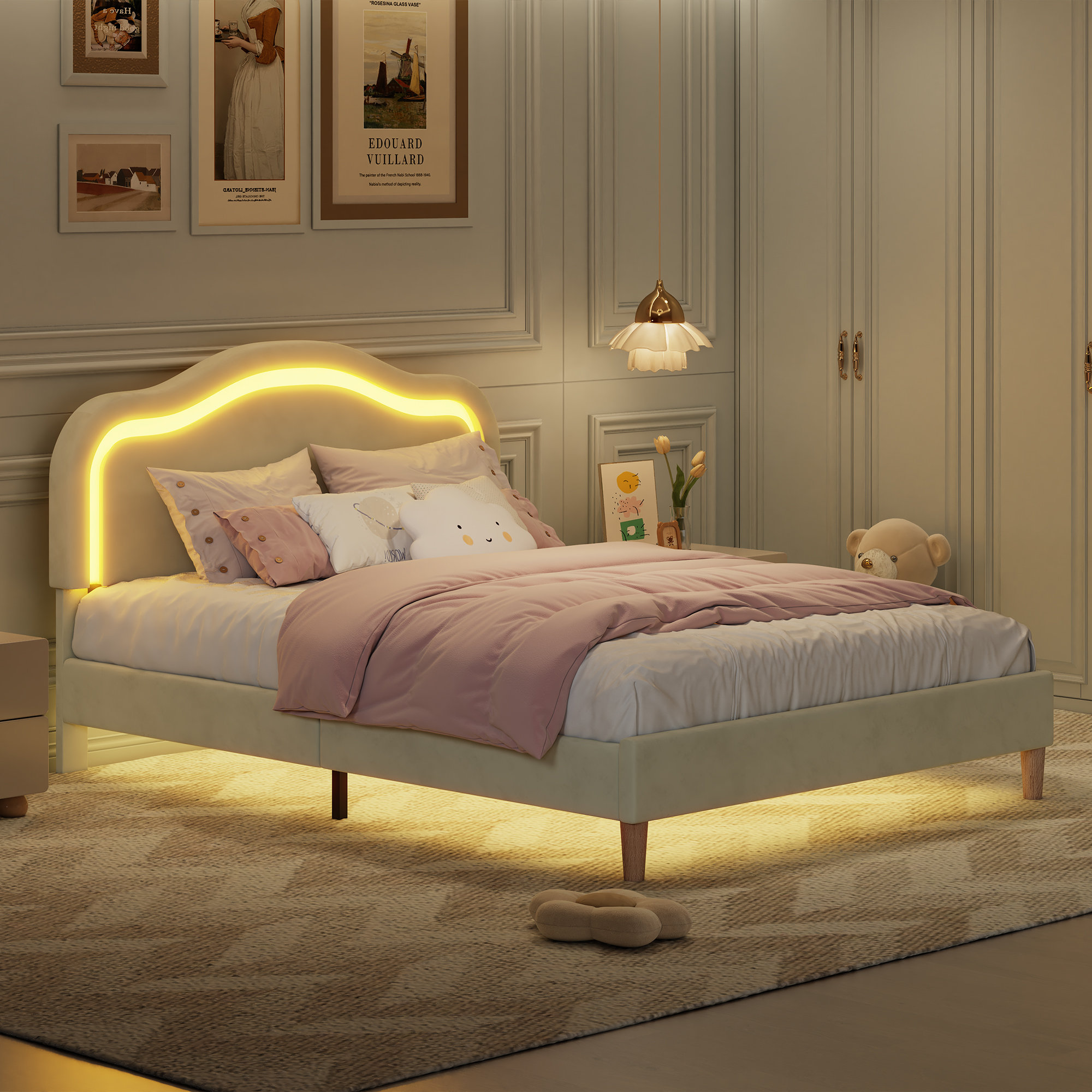 Ebern Designs Queen Size Smart LED Bed Frame with Adjustable Headboard ...