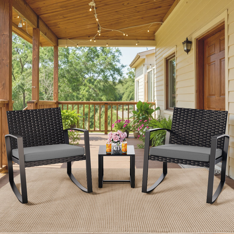 Ensemble 3 pièces de chaises berçantes d'extérieur avec coussins, ensemble de conversation de patio avec table basse, Gris