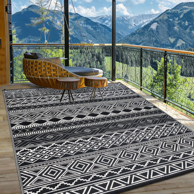 Tapis d'extérieur 305 x 427 cm (10 x 14 pi) – Tapis de patio imperméable et réversible en paille de plastique – Style géométrique moderne, résistant aux UV, facile à nettoyer, pliable pour le jardin – Noir et blanc, 305 x 427 cm (10 x 14 pi)