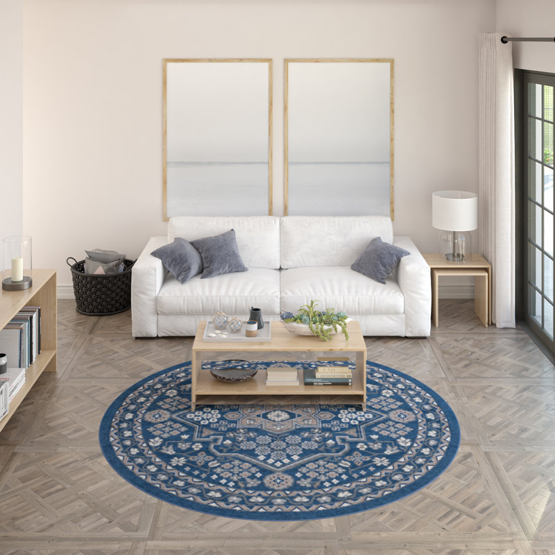 Oriental Navy/Dark Blue Indoor Area Rug for Living Room, Dining Room, Bedroom, Round 5'3"