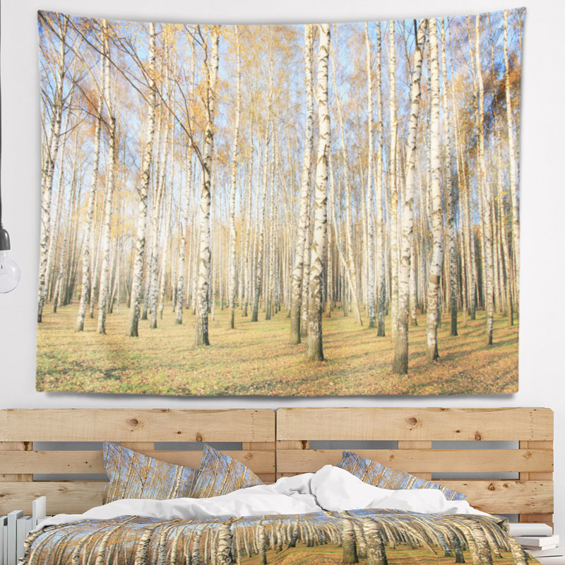 Tapisserie de forêt d'automne avec bouleau au soleil, H 68 po x l 80 po