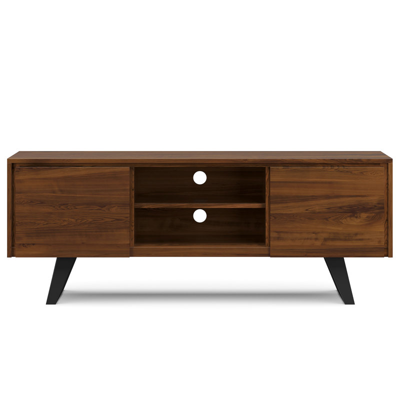 Lowry 63"W Solid Acacia Wood Industrial TV Stand for TVs up to 70" with 2 Cabinets and Open Shelf, Walnut