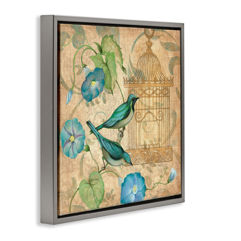Cadre flottant Spring's Song Green Birds, design par Janet Tava, Cadre flottant gris lustré, H 18 po x l 18 po