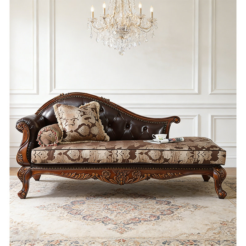 Chaise longue de chambre à coucher en caoutchouc et tissu brun, style campagnard américain, Face à la gauche