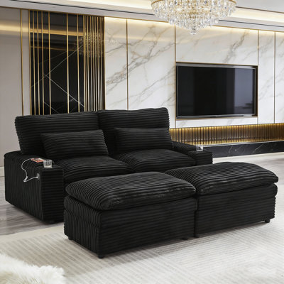 Causeuse avec quatre ports USB et deux porte-gobelets, canapé modulaire convertible avec espace de rangement et deux repose-pieds mobiles