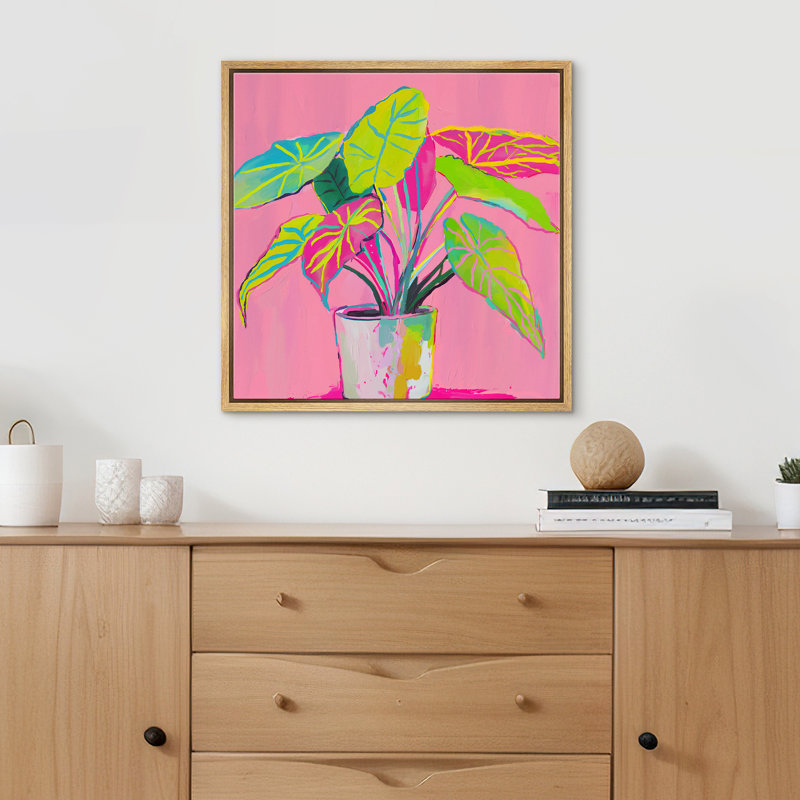 Plante verte sur fond rose, images lumineuses, Cadre flottant naturel, H 24 po x l 24 po