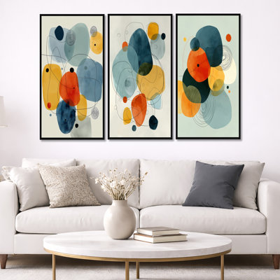«Minimalist Meditation Stone Collage III», art abstrait encadré 3 panneaux Mid-Century