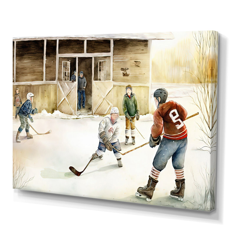 Enfants jouant au hockey sur la patinoire II - Impression sur toile, H 24 po x l 32 po x P 1 po, Toile tendue