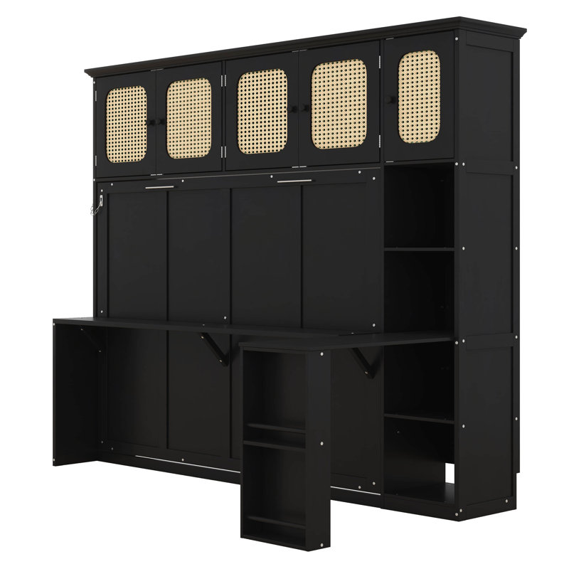 Lit escamotable avec bureau et armoires en rotin, lit escamotable peu encombrant, Black